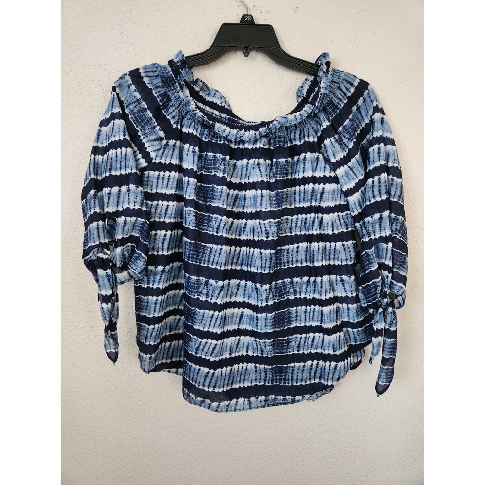 Michael Kors Women's Off the Shoulder Tie Dye Top Chambray Large